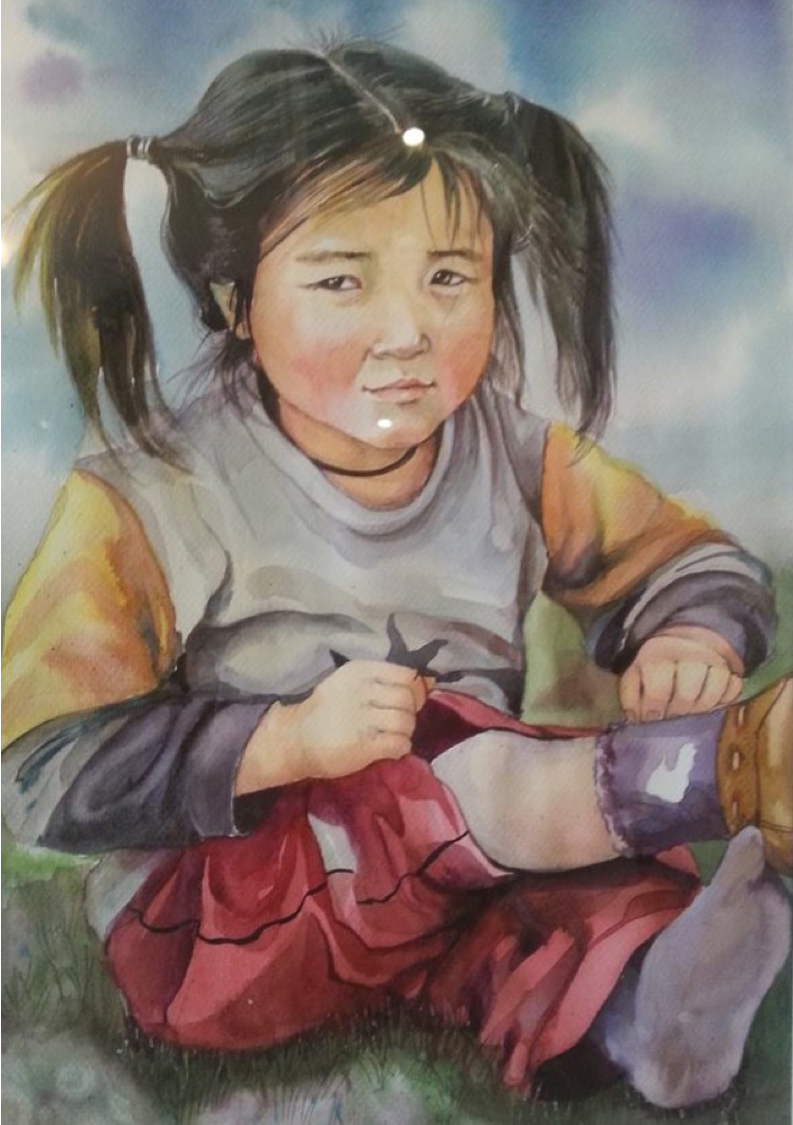 هذا الرسم المائي يعرض بكاء الأطفال المنغولين الذين تنزلون من الأحصنة